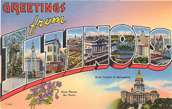 Featured is an Illinois big-letter postcard image from the 1940s obtained from the Teich Archives (private collection).